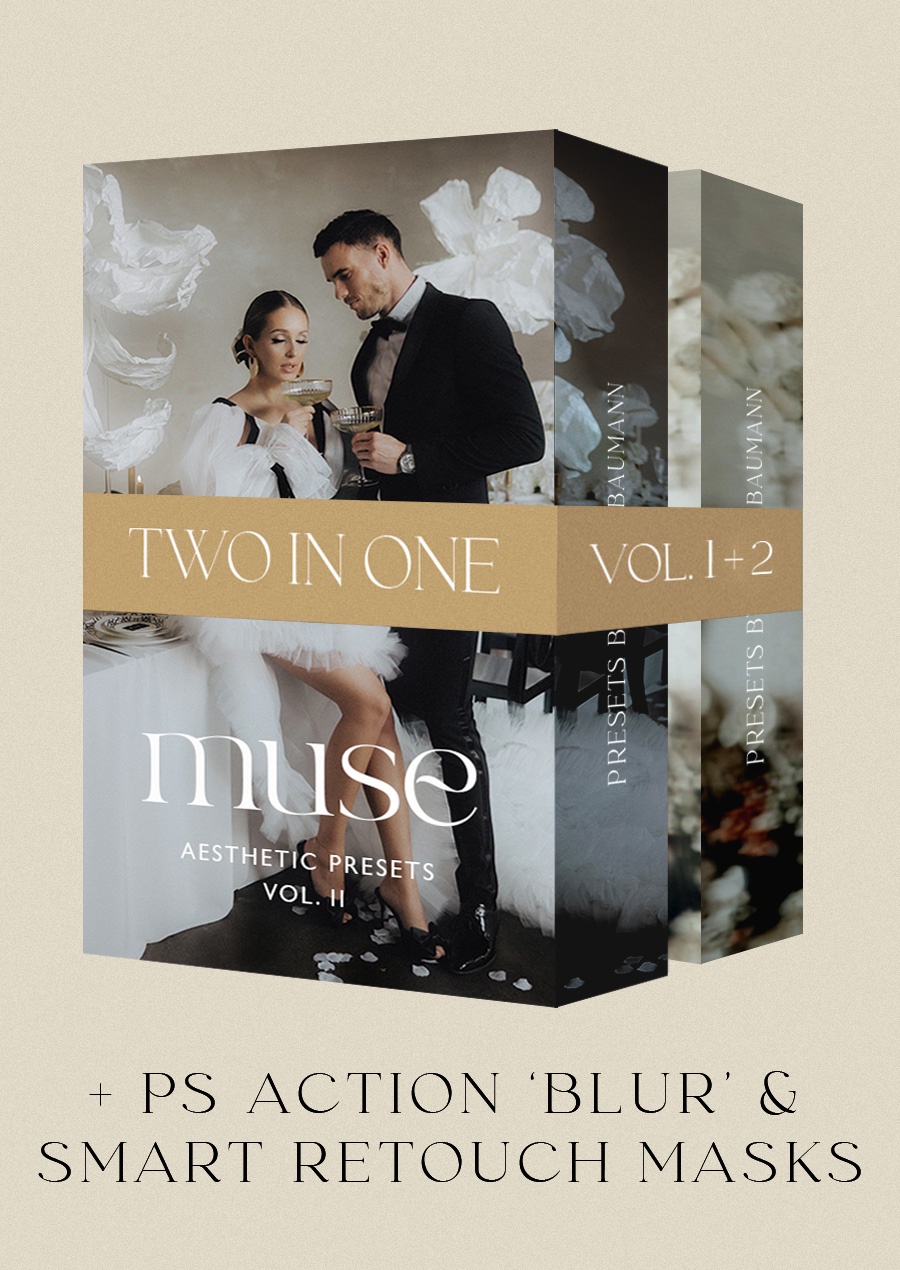 Vicky Baumann - Muse Two In One Bundle — Gói Preset Kèm Hướng Dẫn và PS Action 2 Trong 1 Dành Cho Nhiếp Ảnh Cưới Vicky Baumann 2026 (xmp/acr, mp4, atn) T125R74
